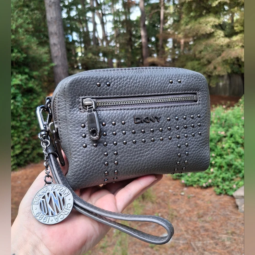 DKNY Charcoal Grey Studded Leather Convertible Crossbody Clutch Wristlet